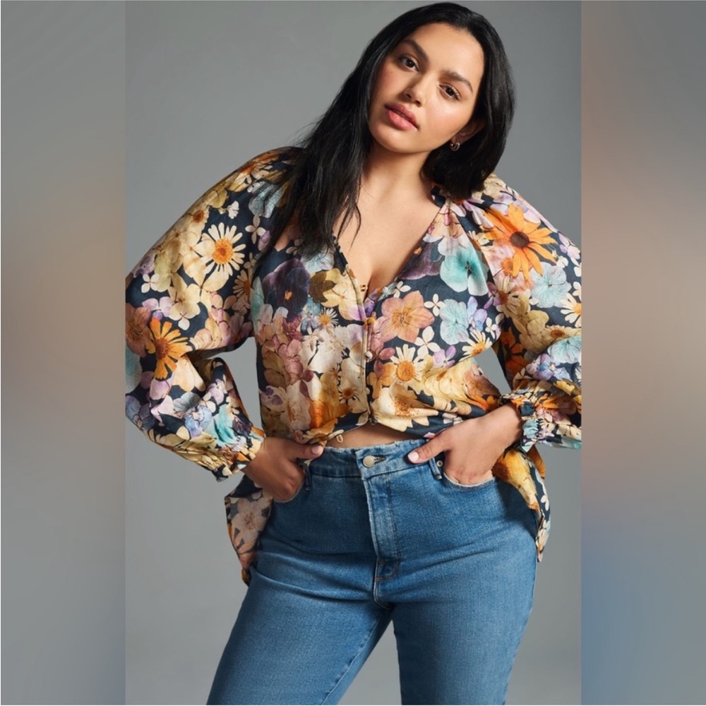 Anthropologie Maeve Moxy Collective floral linen button down blouse